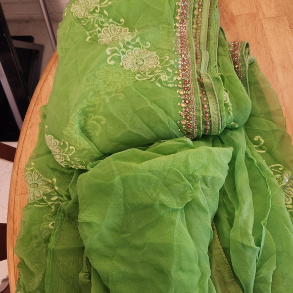 Embroidered Green Traditional Indian Saree - Picture 7 of 9